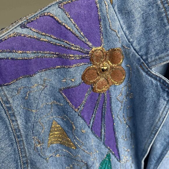 ✨ VTG 80s Sunbelt Denim Statement Trench w/ Glitter Puff Paint – M/L ✨ - Picture 6 of 8
